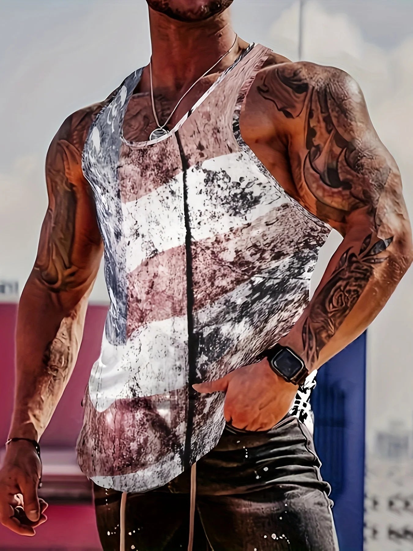 Flag Printed Comfortable Breathable Tank Top, Men's Casual Stretch Sleeveless T-Shirt, Suitable for Summer Gym Workout Training - MyConservativeMugs
