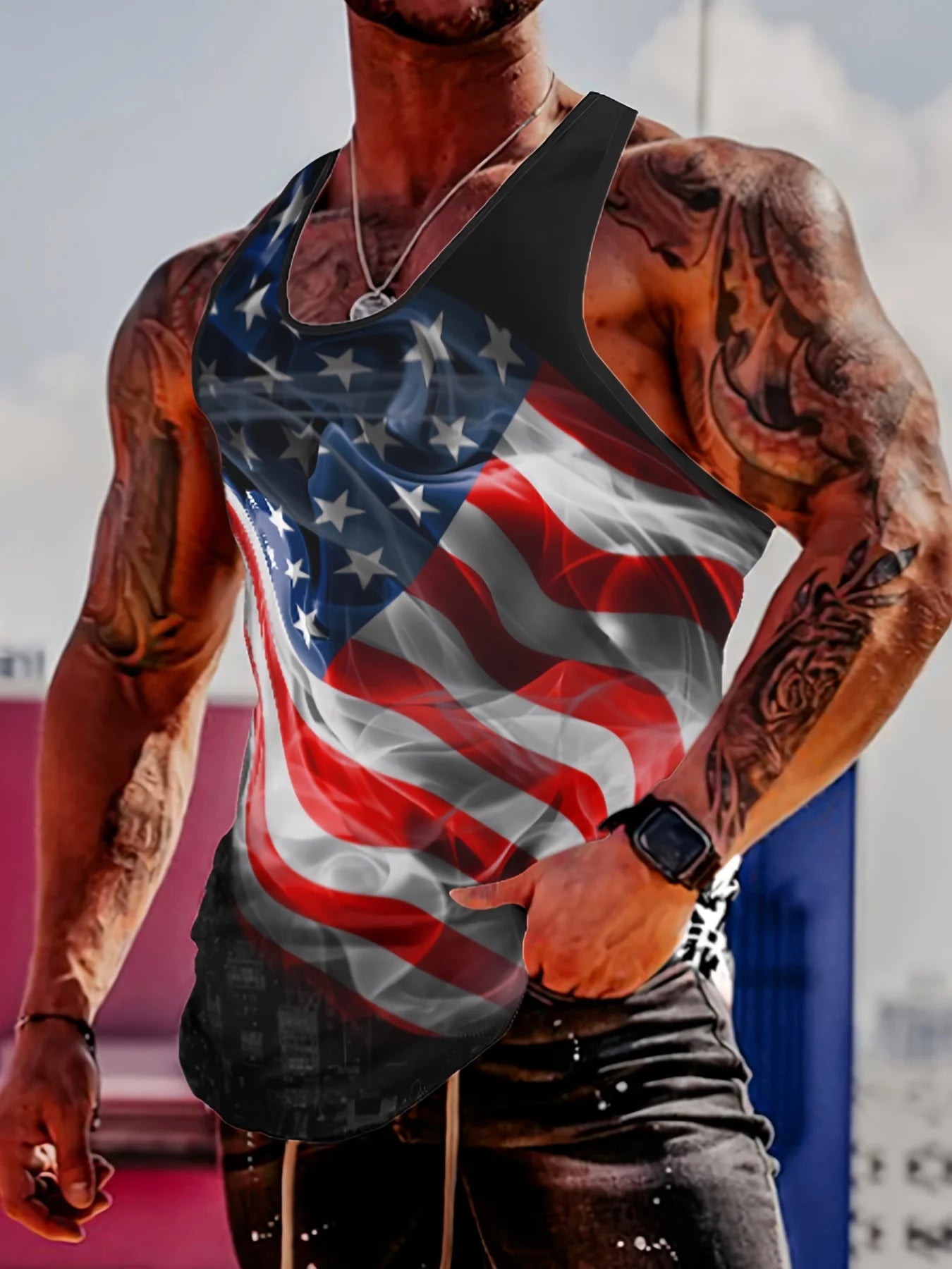 Flag Printed Comfortable Breathable Tank Top, Men's Casual Stretch Sleeveless T-Shirt, Suitable for Summer Gym Workout Training - MyConservativeMugs