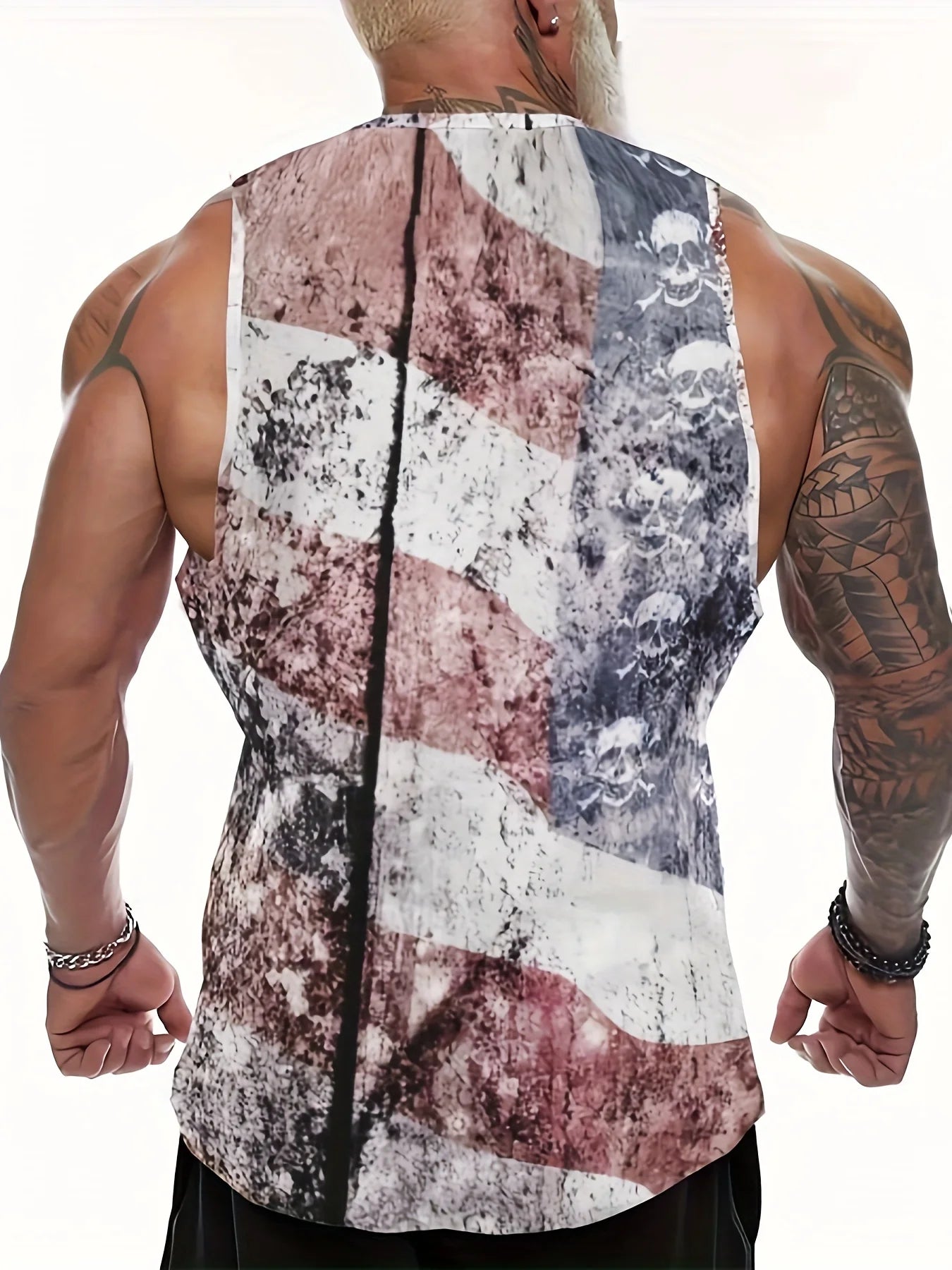 Flag Printed Comfortable Breathable Tank Top, Men's Casual Stretch Sleeveless T-Shirt, Suitable for Summer Gym Workout Training