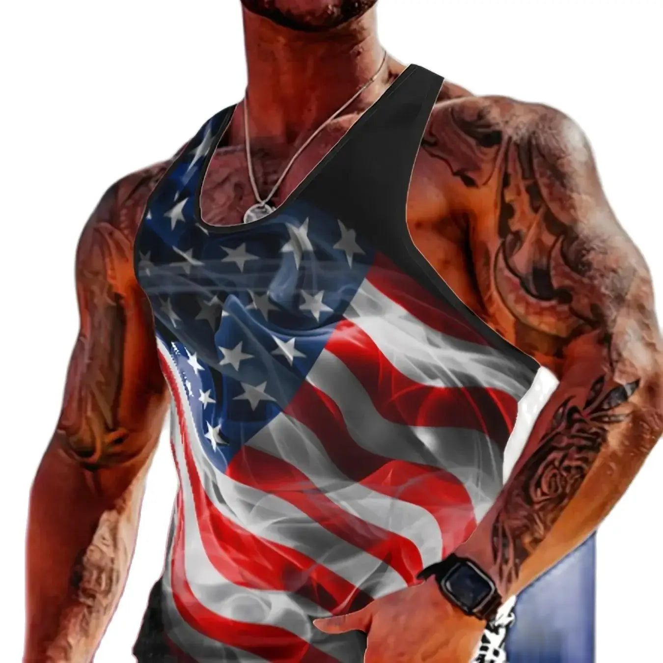 Flag Printed Comfortable Breathable Tank Top, Men's Casual Stretch Sleeveless T-Shirt, Suitable for Summer Gym Workout Training