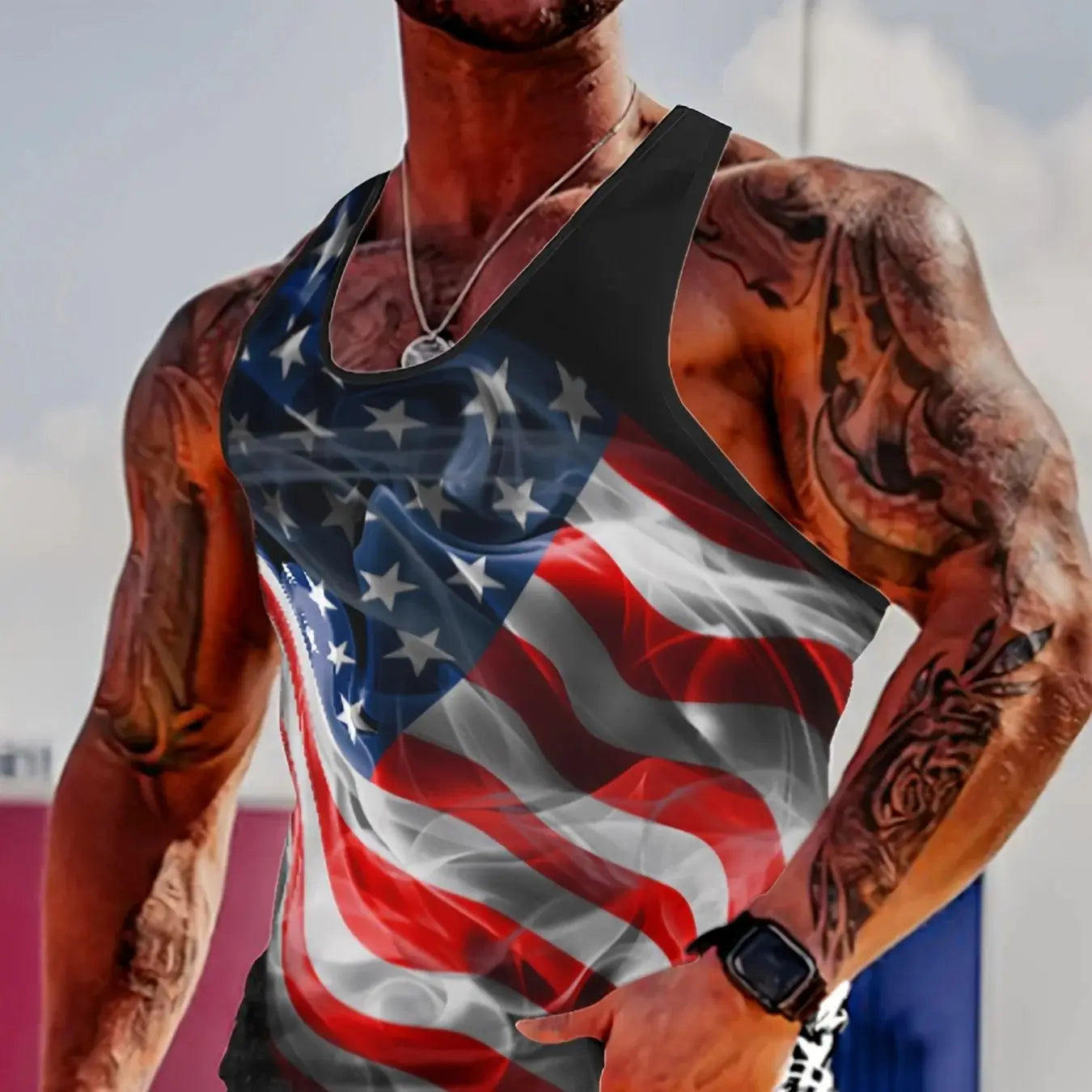 Flag Printed Comfortable Breathable Tank Top, Men's Casual Stretch Sleeveless T-Shirt, Suitable for Summer Gym Workout Training