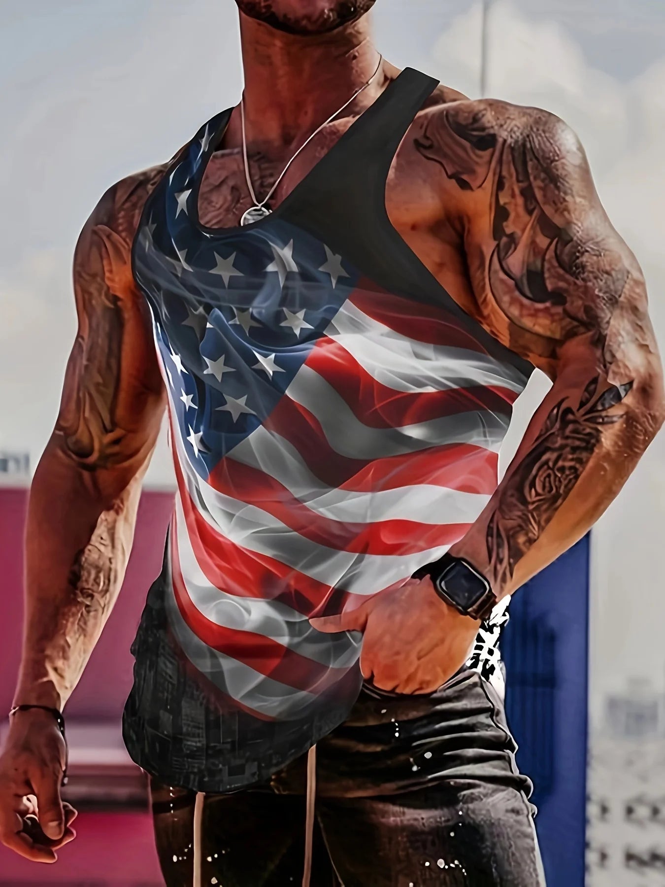 Flag Printed Comfortable Breathable Tank Top, Men's Casual Stretch Sleeveless T-Shirt, Suitable for Summer Gym Workout Training